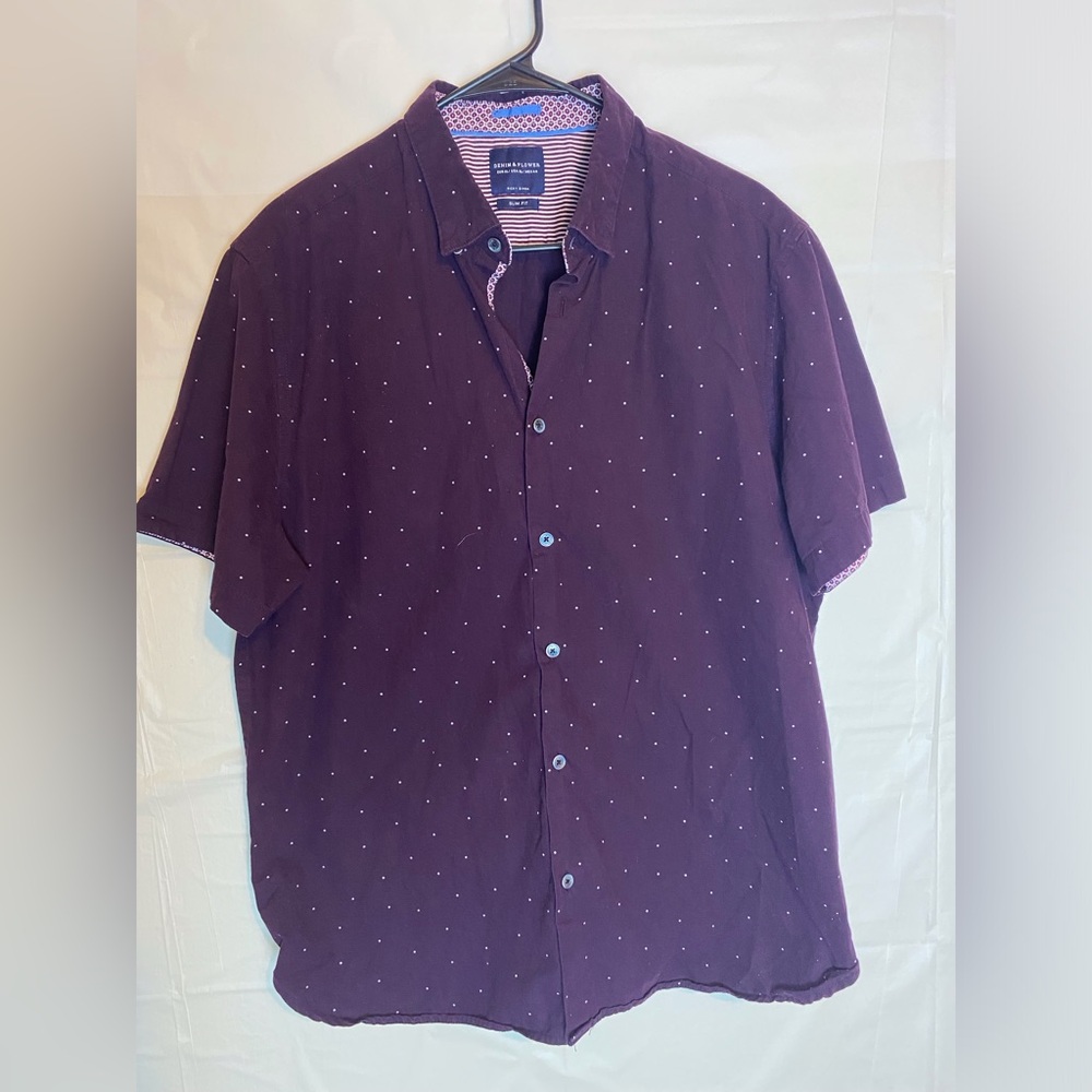 DENIM & FLOWER MEN BUTTON UP POLKA DOT BURGUNDY SIZE XL STRETCH MATERIAL